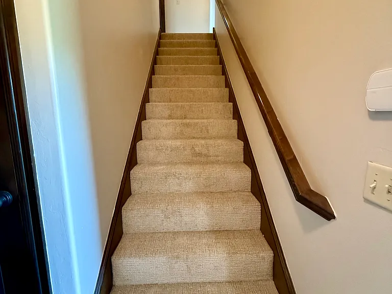 Staircase to the second floor has gorgeous new carpet. Looks great with the new paint! I am so excited and I hope you enjoy it too! Just to the left of the stairs, is access to the garage and the bathroom.