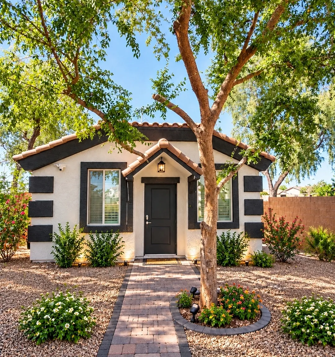 Front of the ADU casita, with landscaping and paver entrance