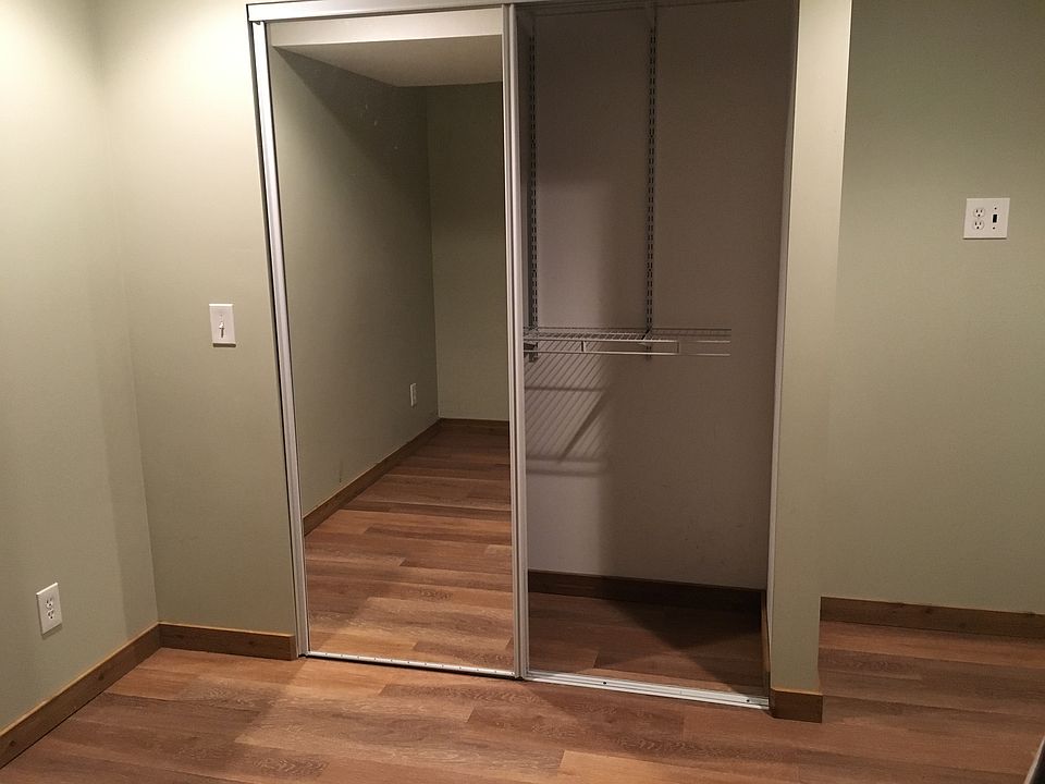 Basement bedroom with closet with organizer shelving