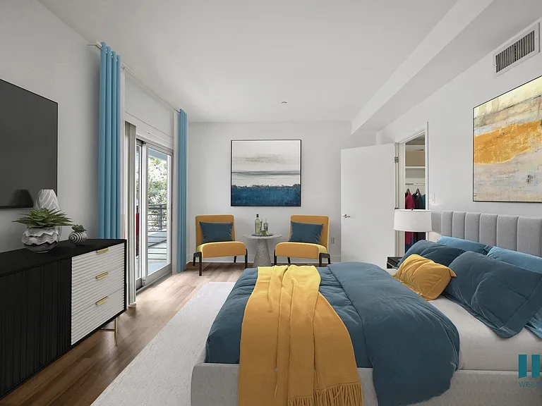 Bedroom with Walk-In Closet, Vinyl Flooring, and Patio