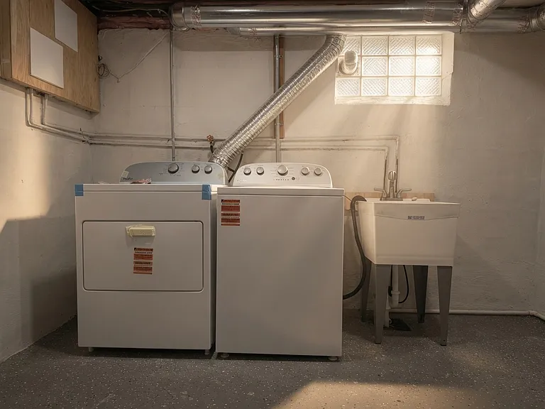 New Whirlpool washer and dryer + large utility sink with pull-out faucet in the basement laundry area