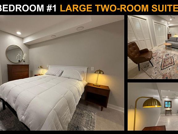 Master bedroom is large with sitting area and secondary room to the right of the bed. 2 large closets. Midcentury modern furnishings