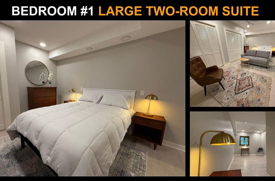 Master bedroom is large with sitting area and secondary room to the right of the bed. 2 large closets. Midcentury modern furnishings