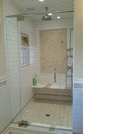 Large Shower stall built-in marble bench seat (White Carrera), built-in niche