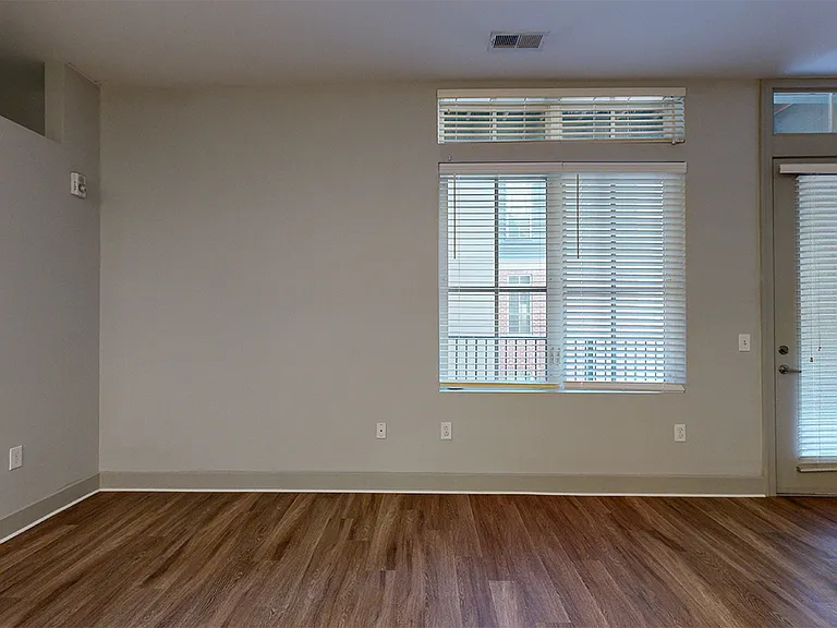 Apartment living room with wood-style flooring and balcony.