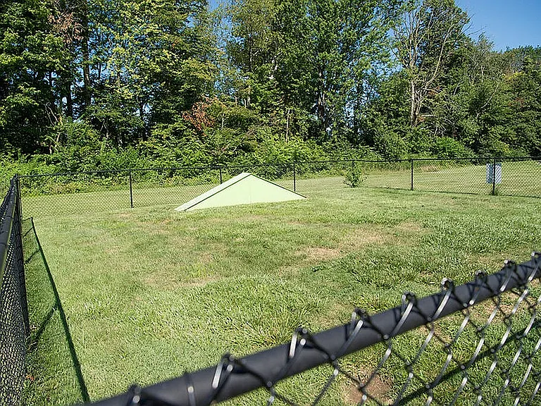 Inviting fenced grassy area surrounded by lush trees, perfect for outdoor activities and relaxation.