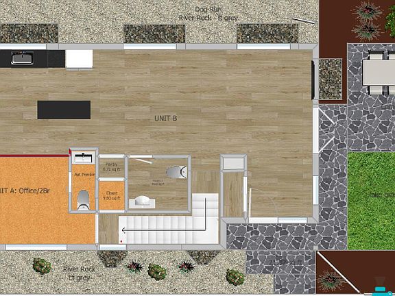 Main floor floorpan. Orange areas are part of Unit A. The remainder is Unit B.