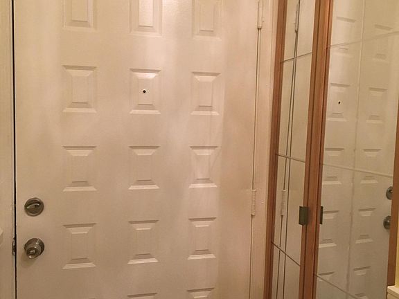 Entrance door to apartment through white door. Coat closet behind brown doors.