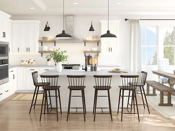Kitchen with floating shelves and pendant lighting