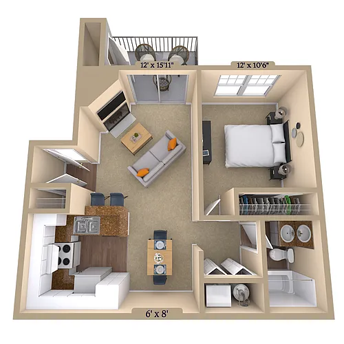 Floor plan 1BR 1BA (685 SF)