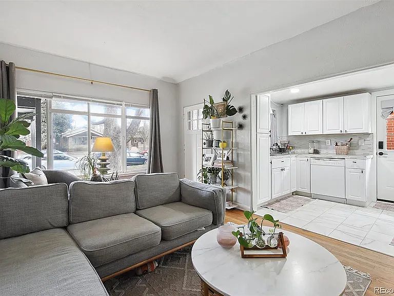 Living room, front door and open kitchen.
