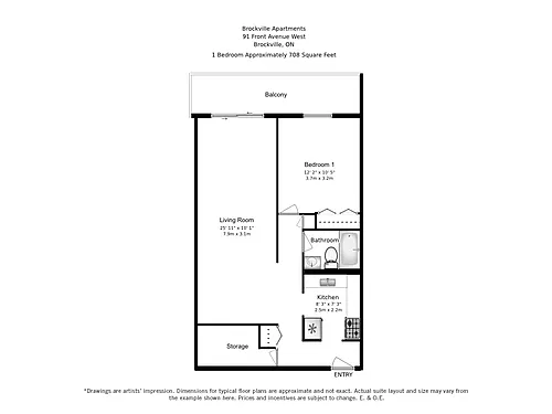 Floor plan 1 Bed 1 Bath B - 91 Front