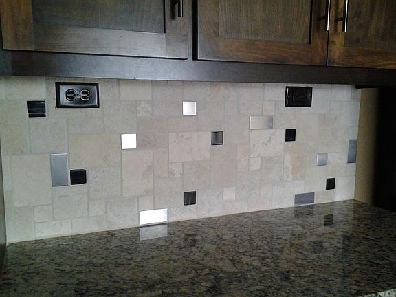 Custom Backsplash (Travertine, stainless steel and glass til
