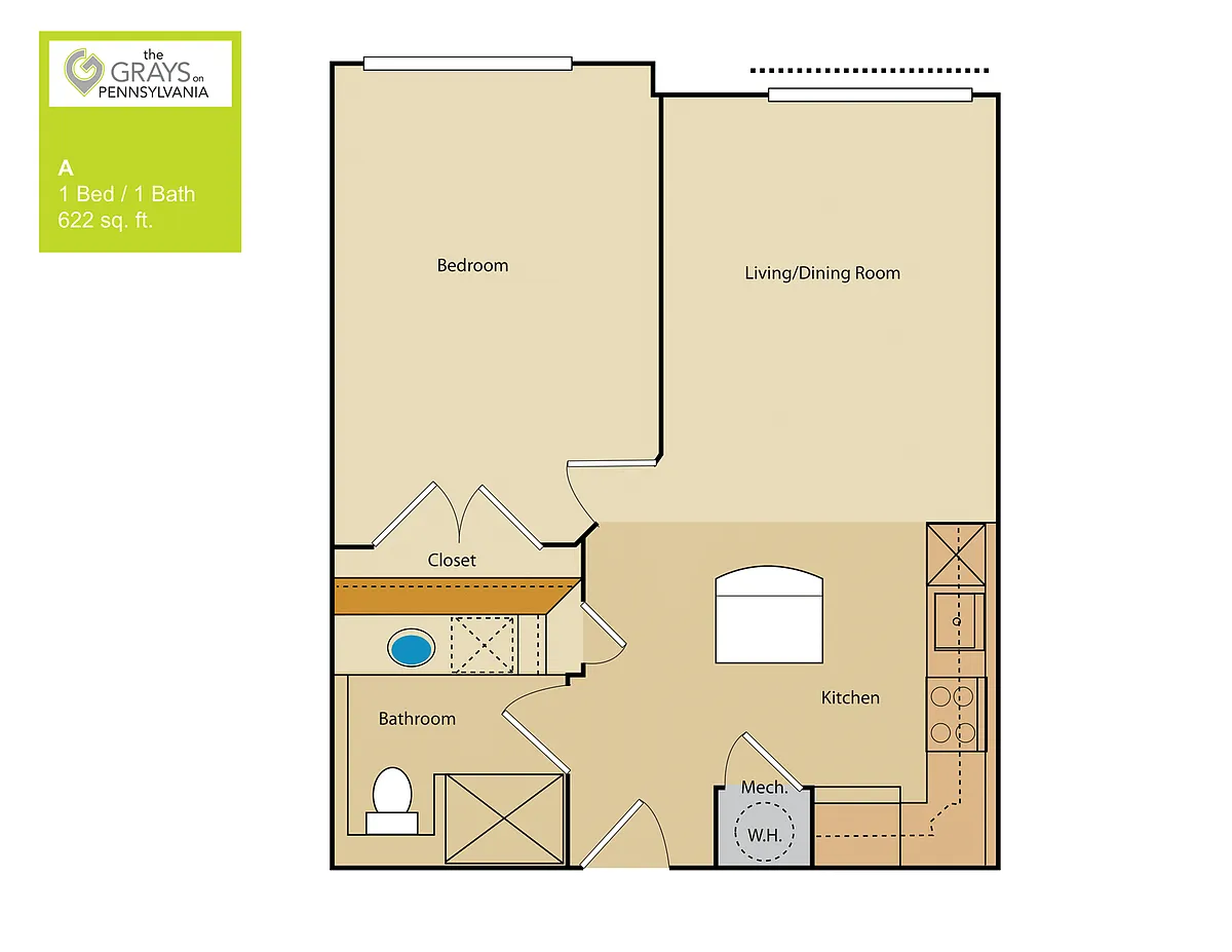 Floor plan 1 Bed/1 Bath (252aa2)