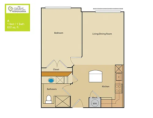 Floor plan 1 Bed/1 Bath (252aa2)