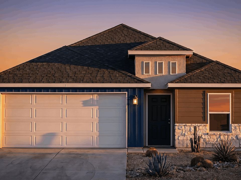 Single-story modern house with a two-car garage, dark shingle roof, brown and blue siding, stone acc