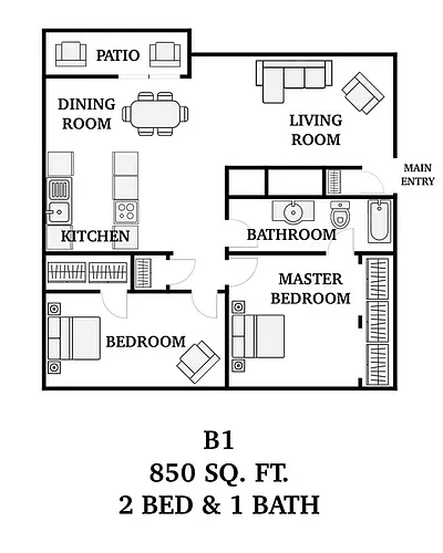 Floor plan 2 Bedroom, 1 Bathroom