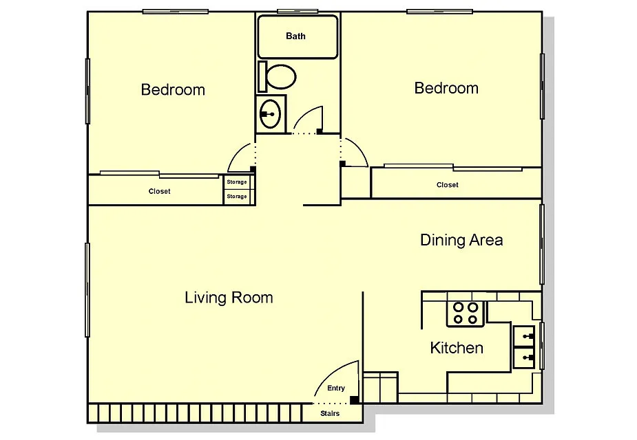 Floor plan 2 Bedroom, 1 Bath (C & D Units)