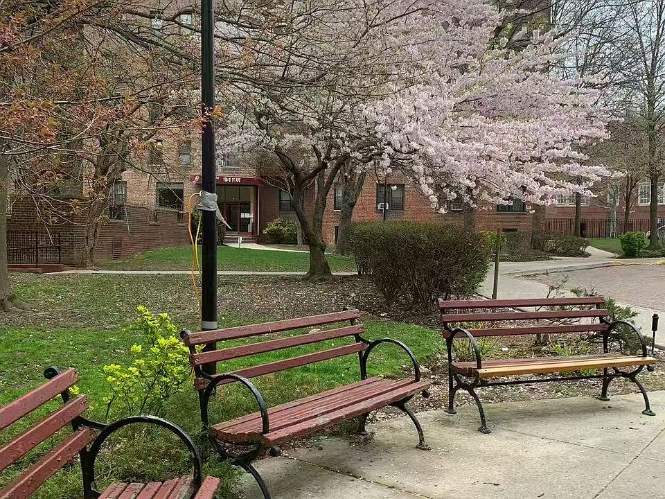 Manicured garden area with benches.