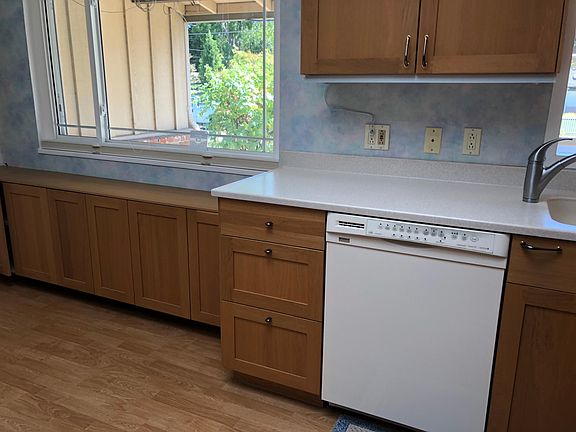 Dishwasher in kitchen; large window shows street view & many trees