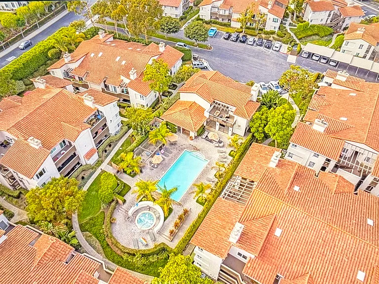 Aerial view. Clubhouse, pool and spa.
