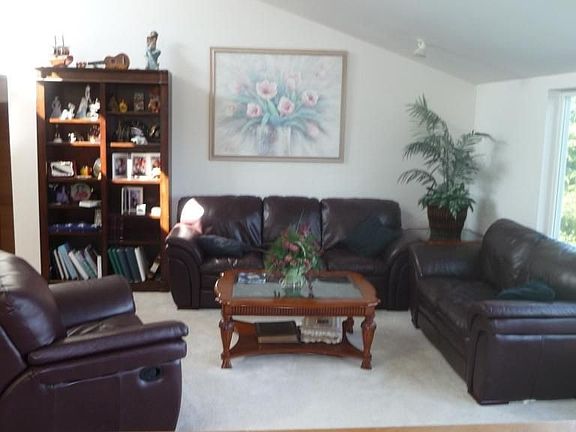 living room with skylights and gas fireplace
