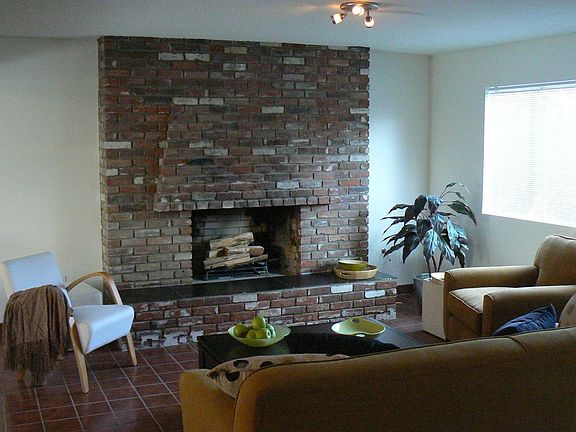 Wood burning fireplace in living room