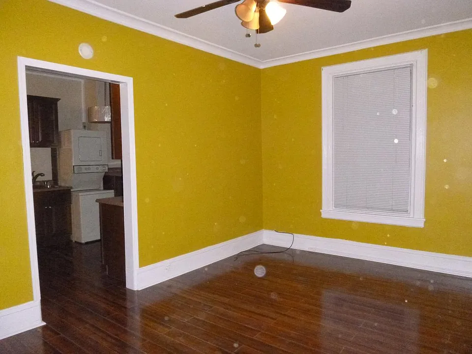 Living room with tigerwood floor and painted with a sunny designer color