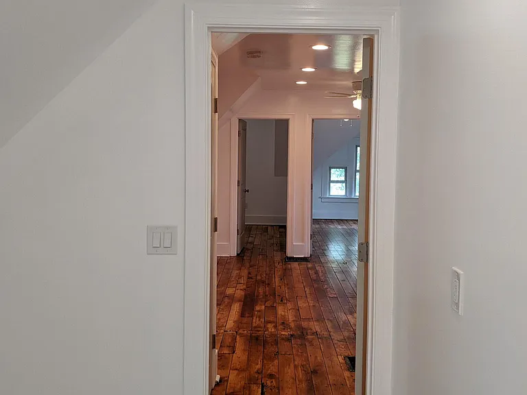 View from bathroom -- first day we could walk on the newly refinished floors!