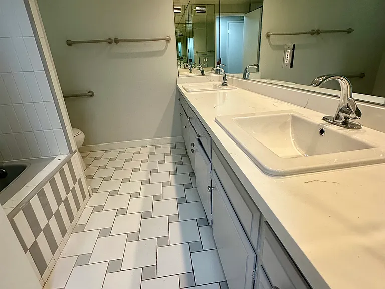 Hallway bathroom with double sinks. New upgraded quartz counter, sinks, faucets and Moen bathtub shower combination