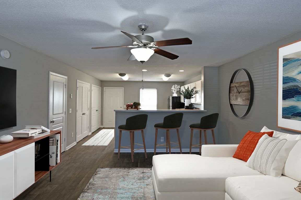Living Room with Hardwood Style Flooring