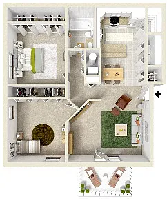 Floor plan 2 Bedroom 1 Bath Deluxe
