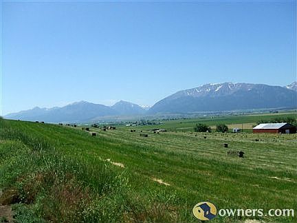 Alfalfa harvest above barn, house & silos