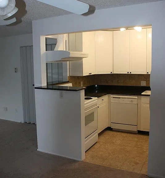 Kitchen with appliances oven, fridge and dish washer.