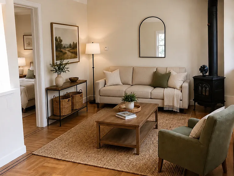 High ceilings with fireplace and hardwood floors