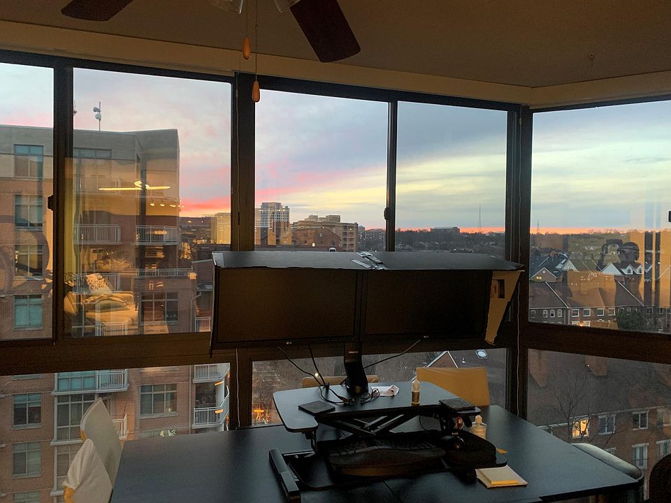 Perfect work from home location. Electronic shades, great view, bookcase. The table can be shortened to a 4-seater. Can leave double monitors and standing mat upon request.