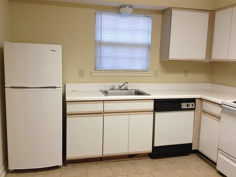 Kitchen showing fridge, sink, dishwasher