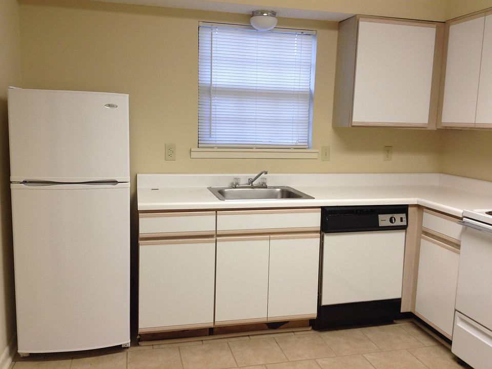 Kitchen showing fridge, sink, dishwasher