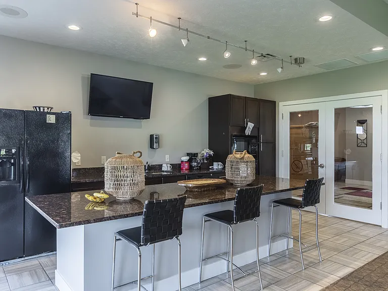 Community kitchen in the clubhouse at The Sterling Grand Island.