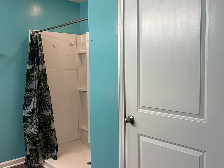 Master shower with closet door on the right