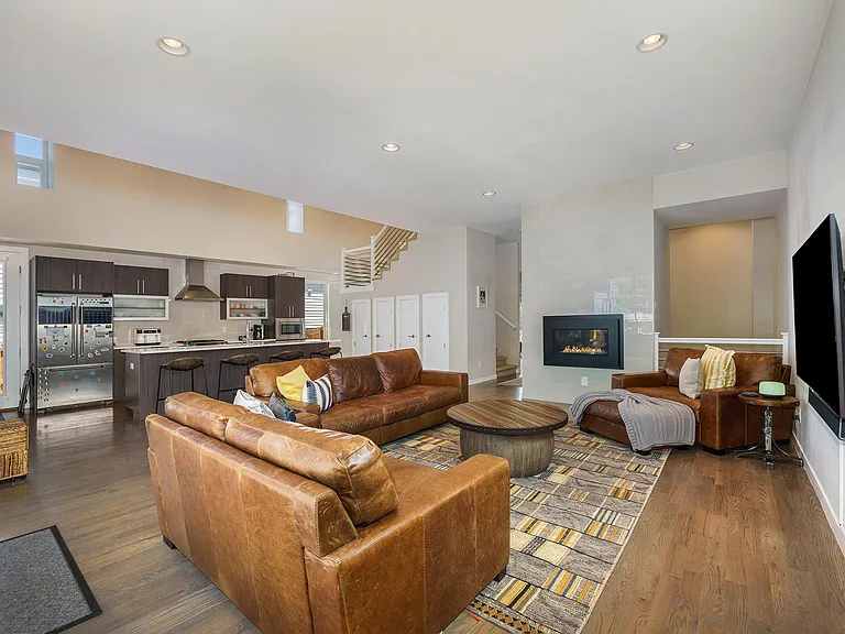 Living room and view of kitchen