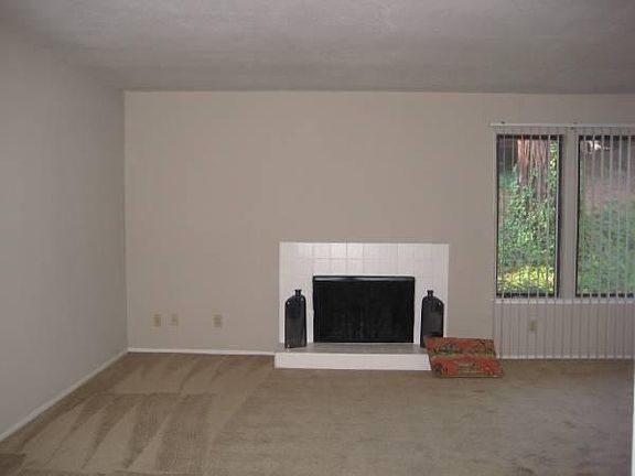 Living room with wood burning fireplace