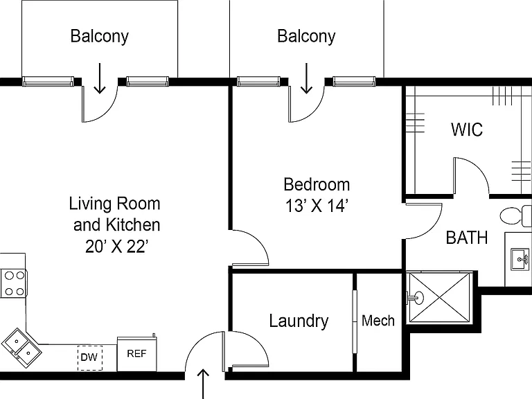 1 Bedroom, 1 Bathroom Floor Plan with Two Balconies at Junction View 1 Bedroom, 1 Bathroom Floor Plan with Two Balconies at Junction View