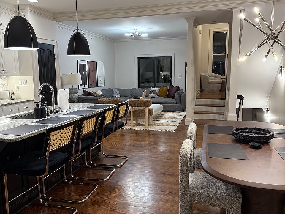 Open kitchen, dining and living area.