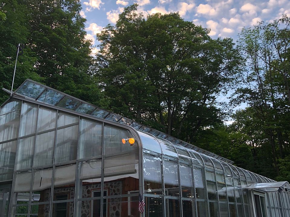 Glass greenhouse and cabin