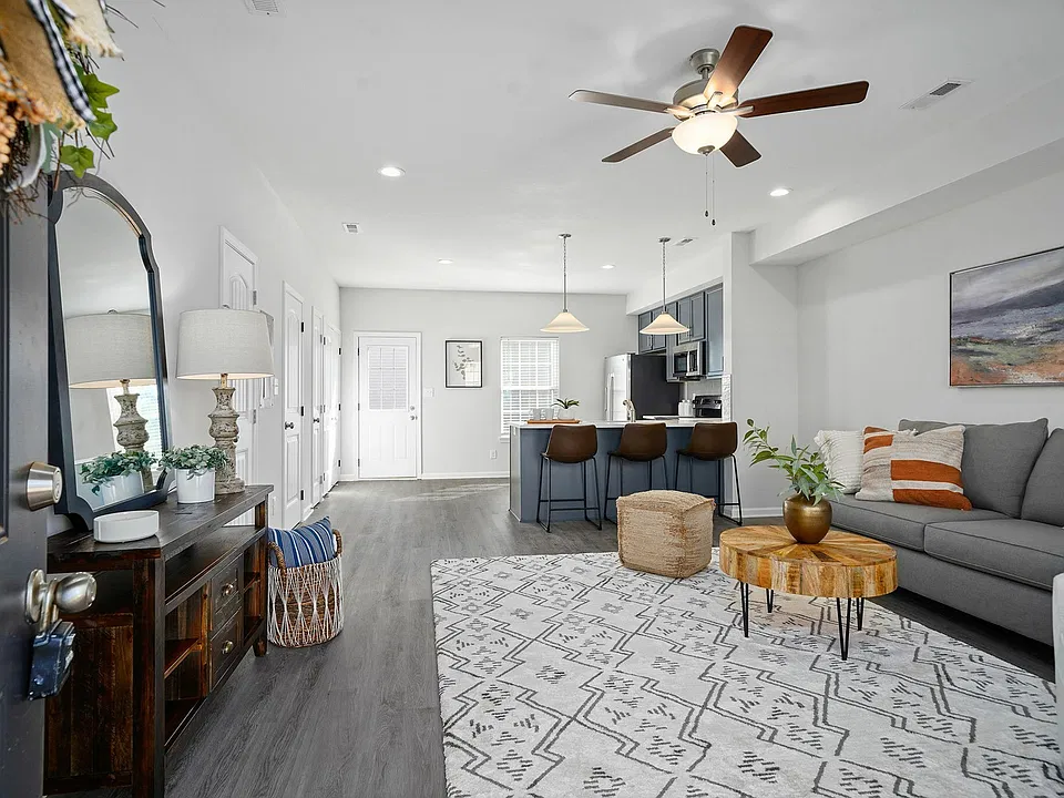 Spacious Living Room with Wood Style Flooring