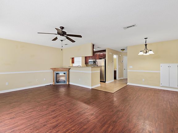Kitchen, dining area, and living room