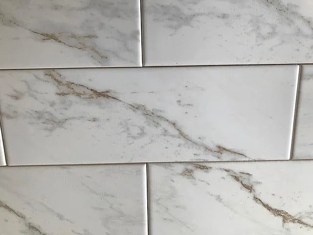 Partial photo of kitchen backsplash, but before application of grout.