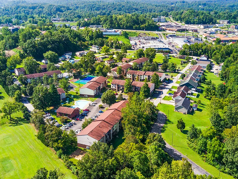 Aerial view of Country Club Apartments and Guyan Golf Course