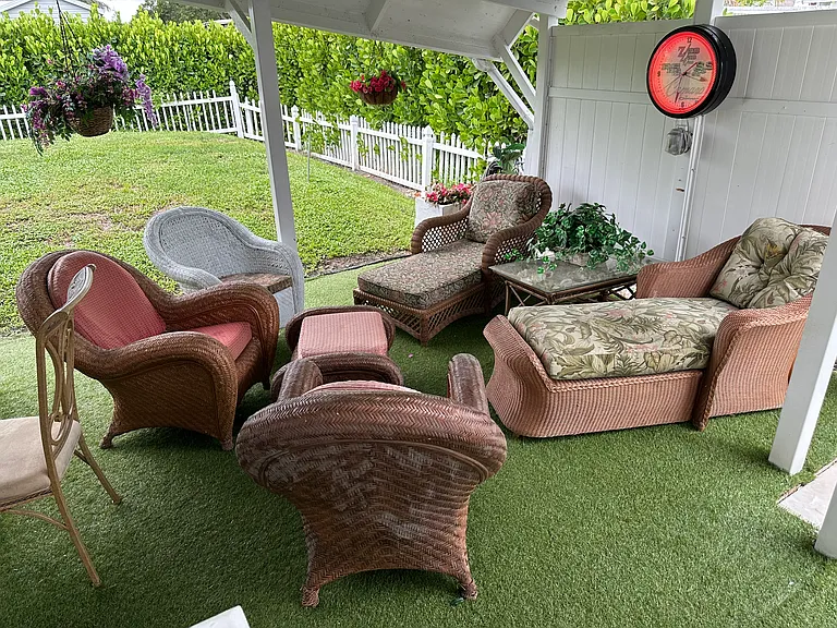 Large covered open-air patio and private back yard with 10' high Callusa plants for complete privacy.